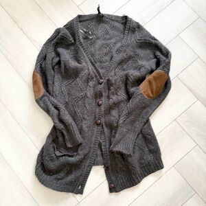 Charcoal Gray Cardigan with Brown Elbow Patches